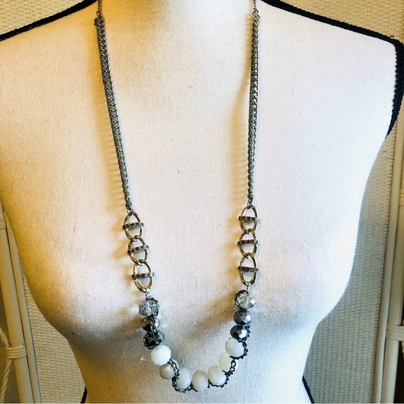 Statement Necklace Mixed Bead Links and Chain Silvertone and Ivory White - Picture 3 of 15
